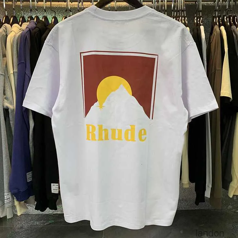 Męskie koszulki Rhude Sunset T-shirt z śnieżnym wzorem górskim Amerykańska luźna letnia para krótkie rękawy