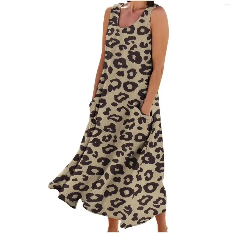 Casual Dresses Summer For Women Fashion Print Crewneck Sleeveless Beach Dress With Pocket Loose Cotton Linen Long