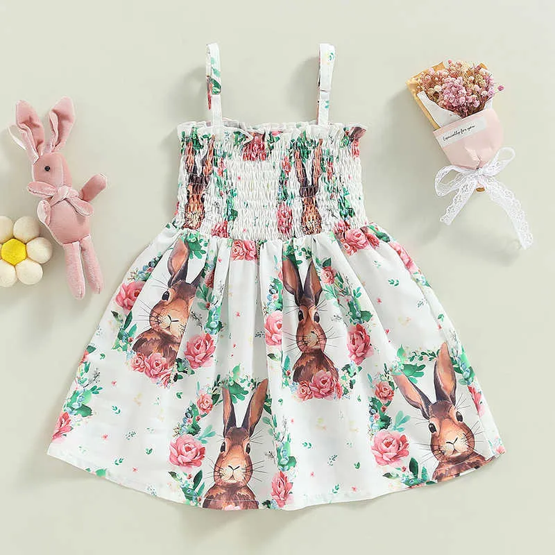 Mädchenkleider Ostern Mädchenkleid Kaninchen Blumendruck Ärmelloses Träger Kinderkleid Sommer Prinzessin Kleid Babykleidung