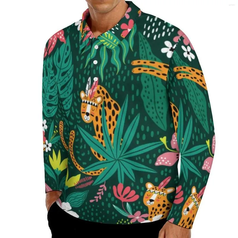 Herrpolos djungel cheetah polo skjorta manlig leopard blommig tryck avslappnad höstnyhet krage långärmad anpassad överdimensionerad t-shirts