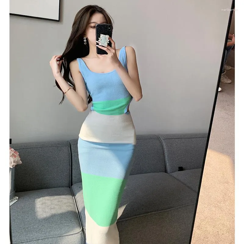 Casual Dresses Summer Stripe Contrast Colors Camis Midi Dress Girls Elegant rygglöst Bandage Slim BodyCon Long For Women