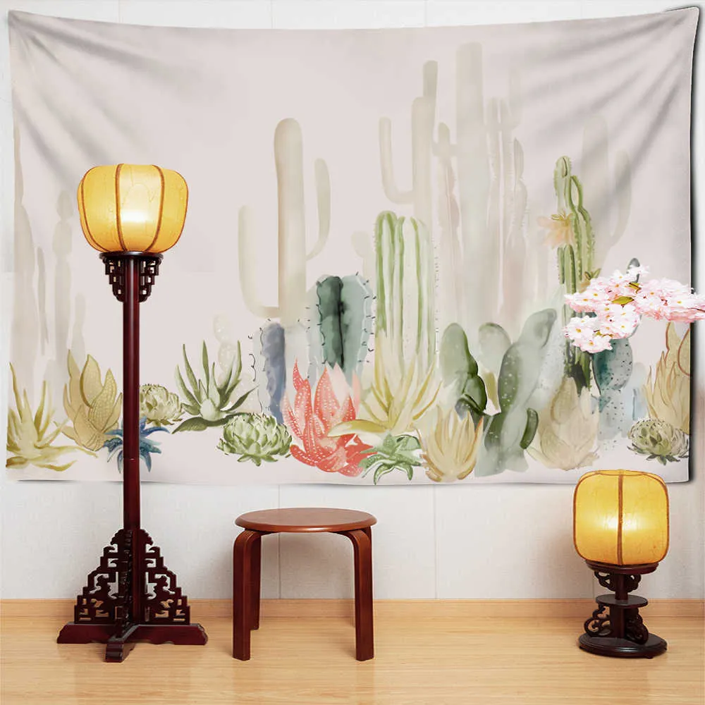 Tapices Pintura de tinta Tapiz de cactus Colgante de pared Planta tropical Decoración simple para sala de estar