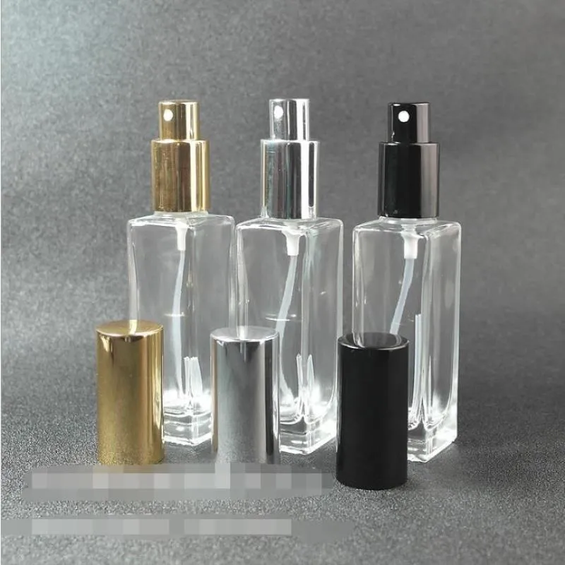 30 ml tomt klart glas parfym sprayflaska 1oz påfyllningsbar fyrkantig atomizer med svart guld svart pump cap ojcsk