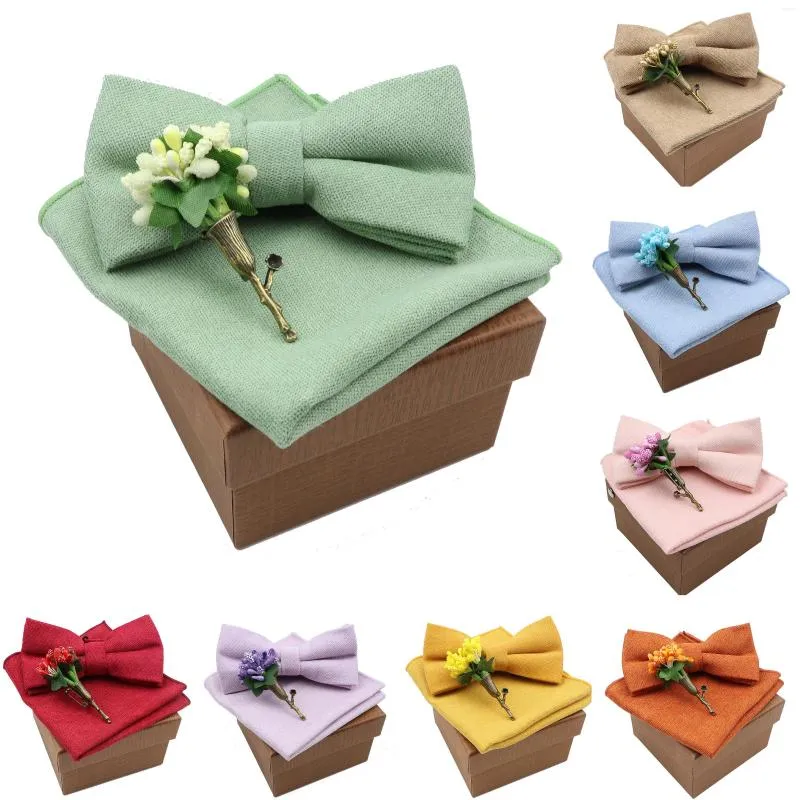 Boogbladen solide kleur katoen bowtie zakdoek bloemenbroche set voor mannen vrouwen feest bruiloft blauw roze groene boogschijfje nieuwigheid cadeau