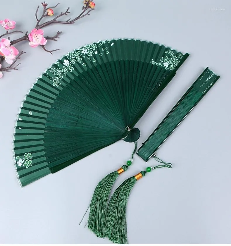 Estatuetas decorativas fã de verão portátil antigo verde dobrável feminino clássico estilo chinês hanfu cheongsam pequeno