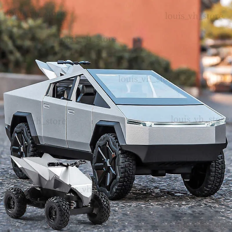 1 24 Tesla Cybertruck Pickup With Motorcycle Alloy Car Model Diecast Toy Vehicle Sound and Light Simitation Cars Model Toys Gift T230815