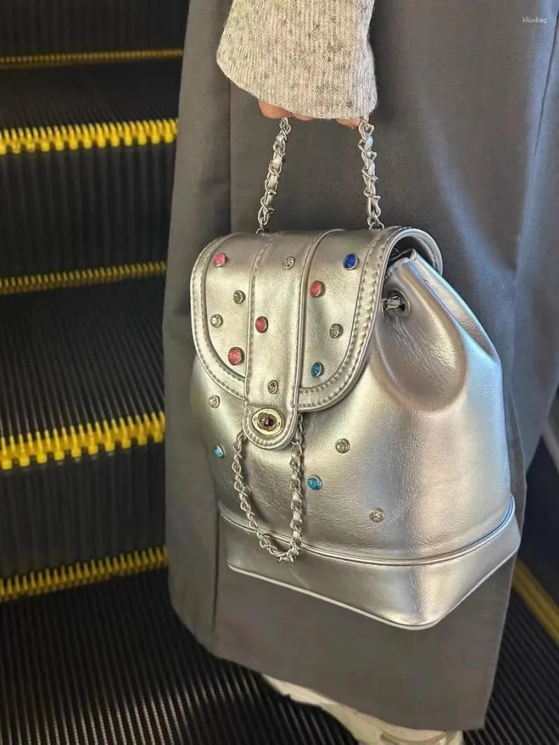 School Bags Korean Ins Fashion Chain Backpack Summer Pu Leather Vintage Large Shoulder Bag Luxury Designer Y2k Diamond Bucket Handbags