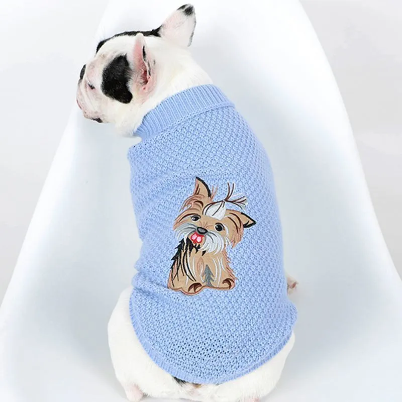 Vestido de cachorro bordado com malha bordada para cães de cão de cachorro sweater quente para pequenos yorkie pet roupas casaco tricô pano de crochê s-xl 230815