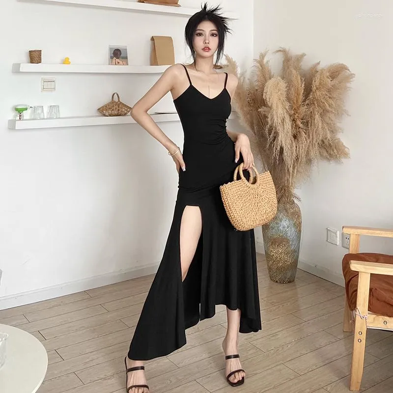 knee length dresses for ladies Women Plus Size Solid Black Square Neck Crepe Thigh-High Slit Flared A-Line Maxi  Dress main image 0