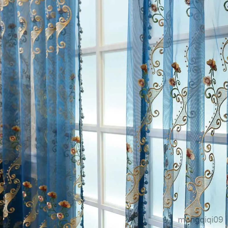 Curtain Blue luxury embroidery tulle Curtains for living room bedroom window gold floral curtain sheers home decor R230815