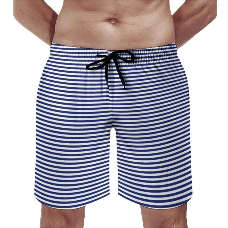 Shorts masculinos azul marinho e branco ginástica padrão de listras de verão