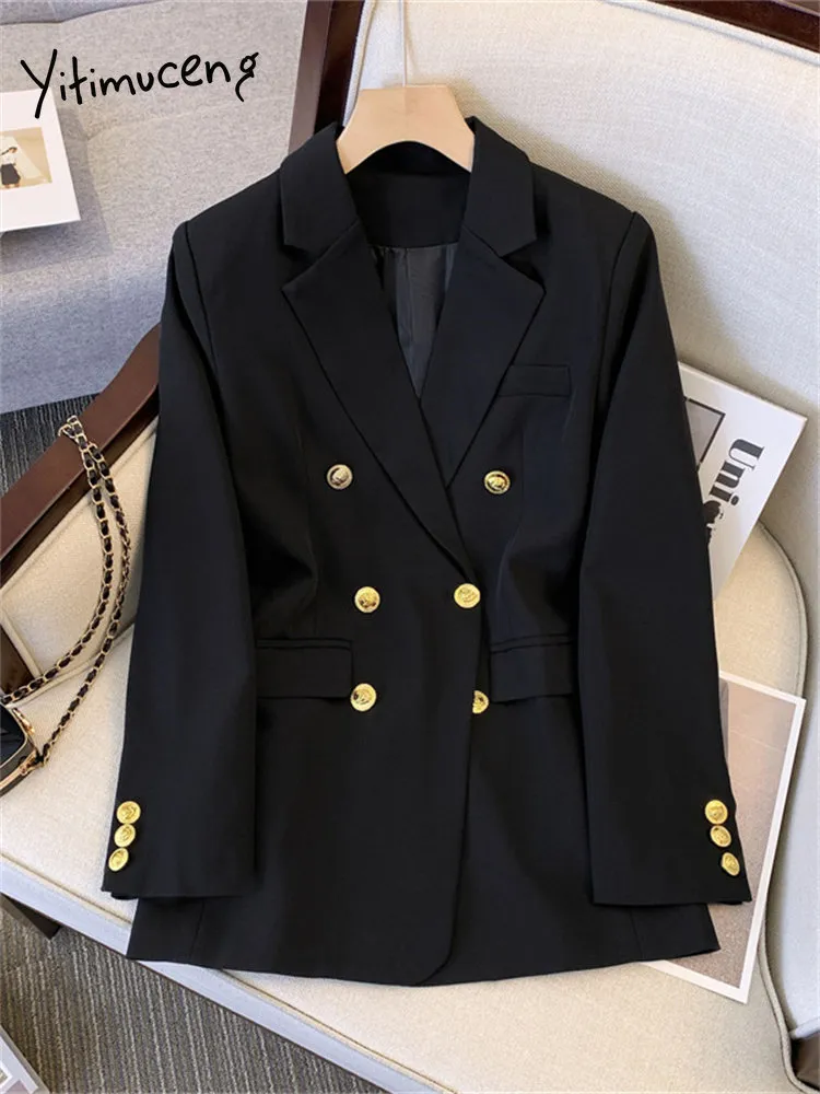 Kadınlar Blazers Yitimuceng Moda Kadın Ceketleri İlkbahar Yaz Ofis Bayanlar Uzun Paltolar Çentikli Çift Kruvaze Dış Giyim 230815
