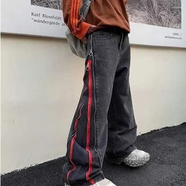 Calças de brim masculinas fita dupla zíper borda baggy calças haruku streetwear perna larga solta calças jeans para homem 0mec