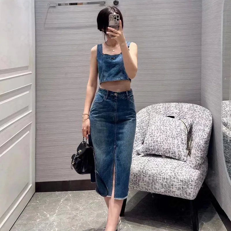 Triangle Denim Women Skirt Vest Zipper Camisole High Waisted Denim Dress Fashion Women Denim Vest Skirt Set