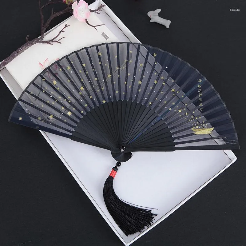 Decoratieve beeldjes Romantische sterrenhemel Sky Lady Fan Creative Birthday Party Gift Fans Chinese 21 cm Hanfu Decoratie Portable Bamboo Ventilador