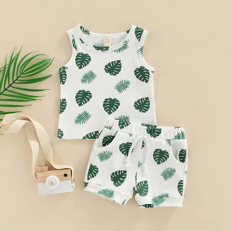 Ensembles de vêtements pour bébés filles et garçons, 2 pièces, imprimé feuilles, gilet sans manches, hauts + shorts élastiques