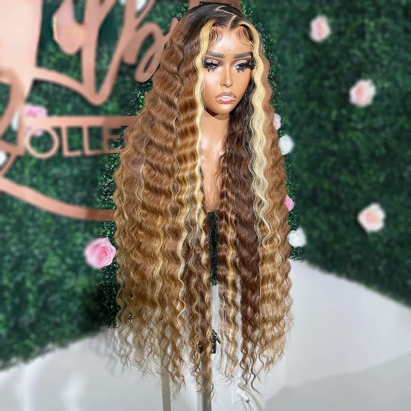 Deep Wave Lace Front Wig Brazilian Hair Highlights Brown  display picture 1