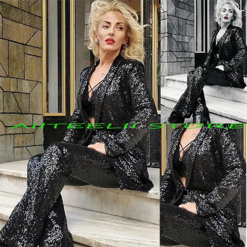 Dwuczęściowe spodnie 2 Suit cekin przyjęcia weselnego sukienka Formal Stage Blazer Fashion Zestaw 230815