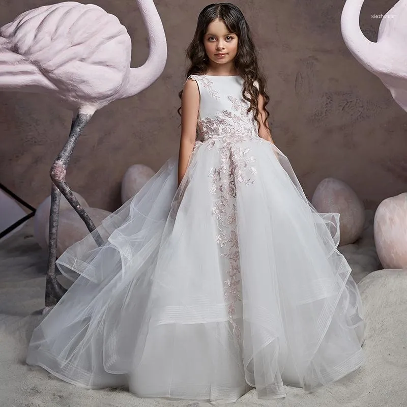 Girl Dresses Princess White Flower Long Tulle con appliques rosa Appliques Abito da ballo Stuposo Cance Stera senza maniche Comunione senza maniche