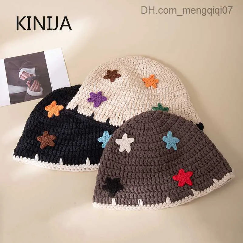 Czapki czapki zimowy ręcznie robiony szydełkowy kapelusz wiadra z pięcioma gwiazdkami odpowiedni dla kobiet koreańskie mody wielokolorowe fasolki z230815