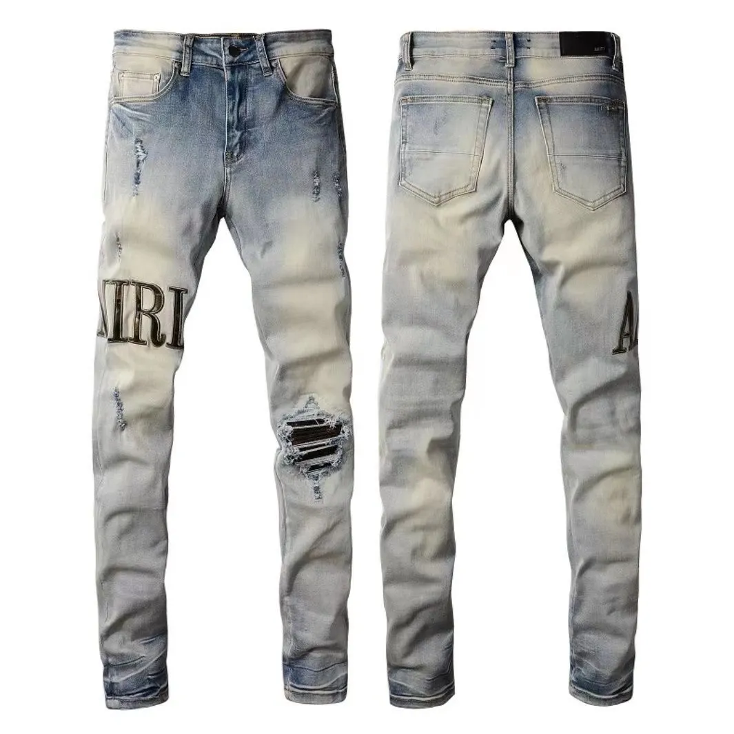 AMI Men's brand Purple Jeans Patches Detail Biker Fit Denim Jeans Men Slim Motorcycle for Mens Vintage Distressed wholesale