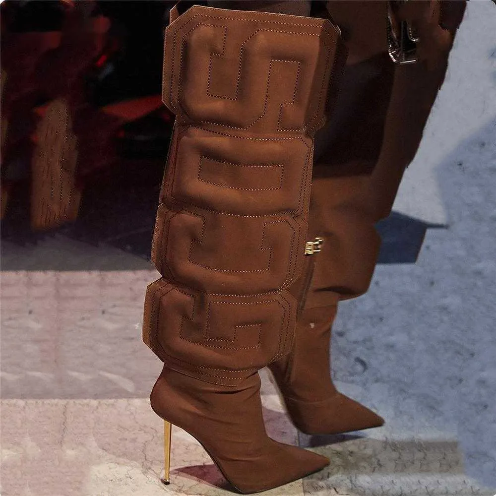 2023 Autumn Women Thigh High Boots Stretch Lycra Ladies Botas Mujer Unique Cube Letter Runway Shoes Iron Heels Botas Altas Mujer G220720