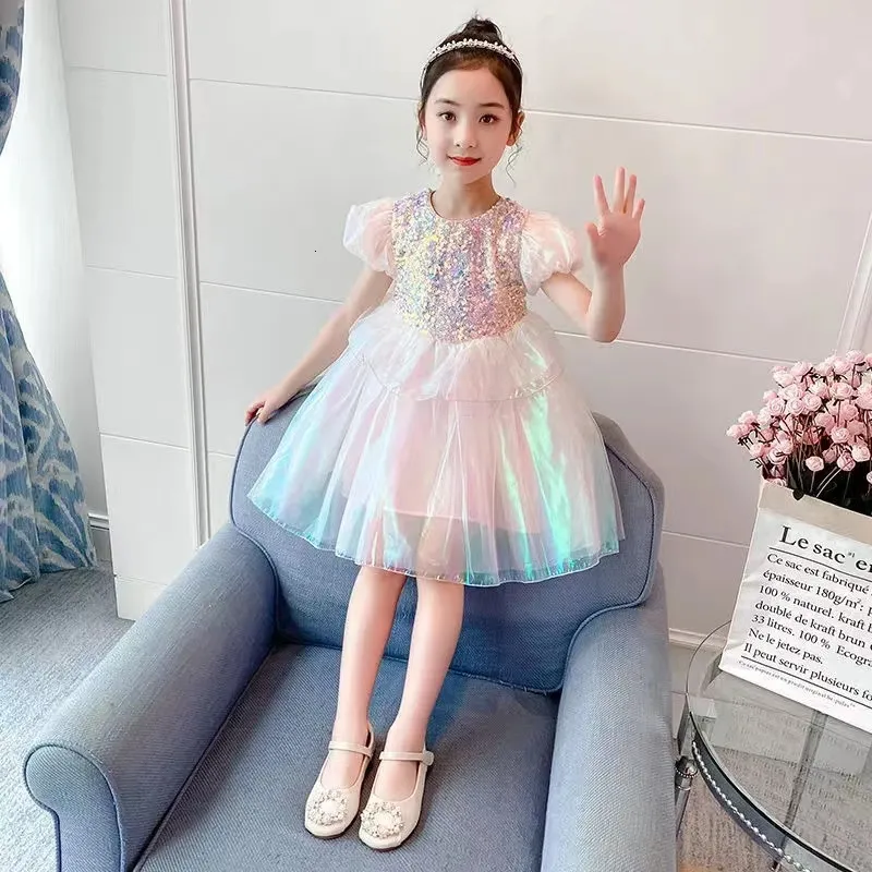 Girls Sequin Princess Dress, Summer Puff Sleeve Tutu Dress - Main Image