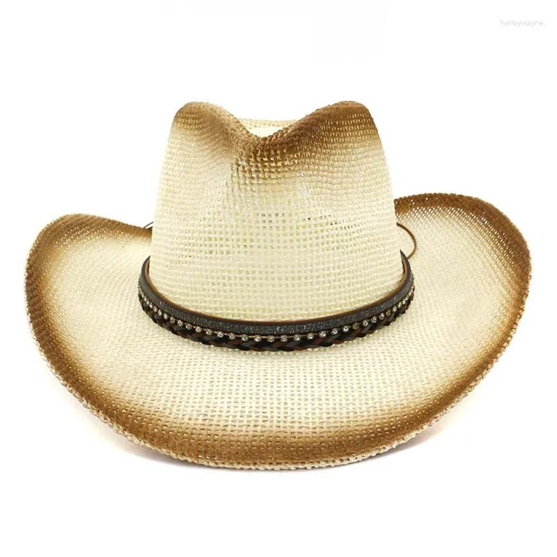 Berets Summer Outdoor Seaside Sunshade Hat Unisex Women Brown Spray Paint Cowboy Straw Wide Brim Sun Visor Caps Breathable Sunhat