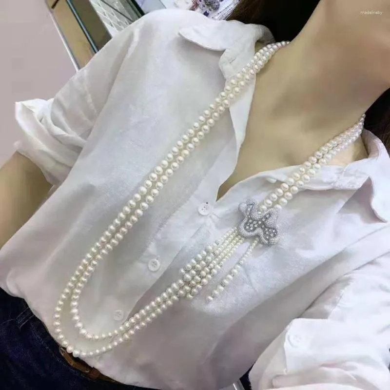 Chains Hand Knotted 100-110cm 2strands White Freshwater Pearl Micro Inlay Zircon Accessories Tassel Pendant Necklace Fashion Jewelry