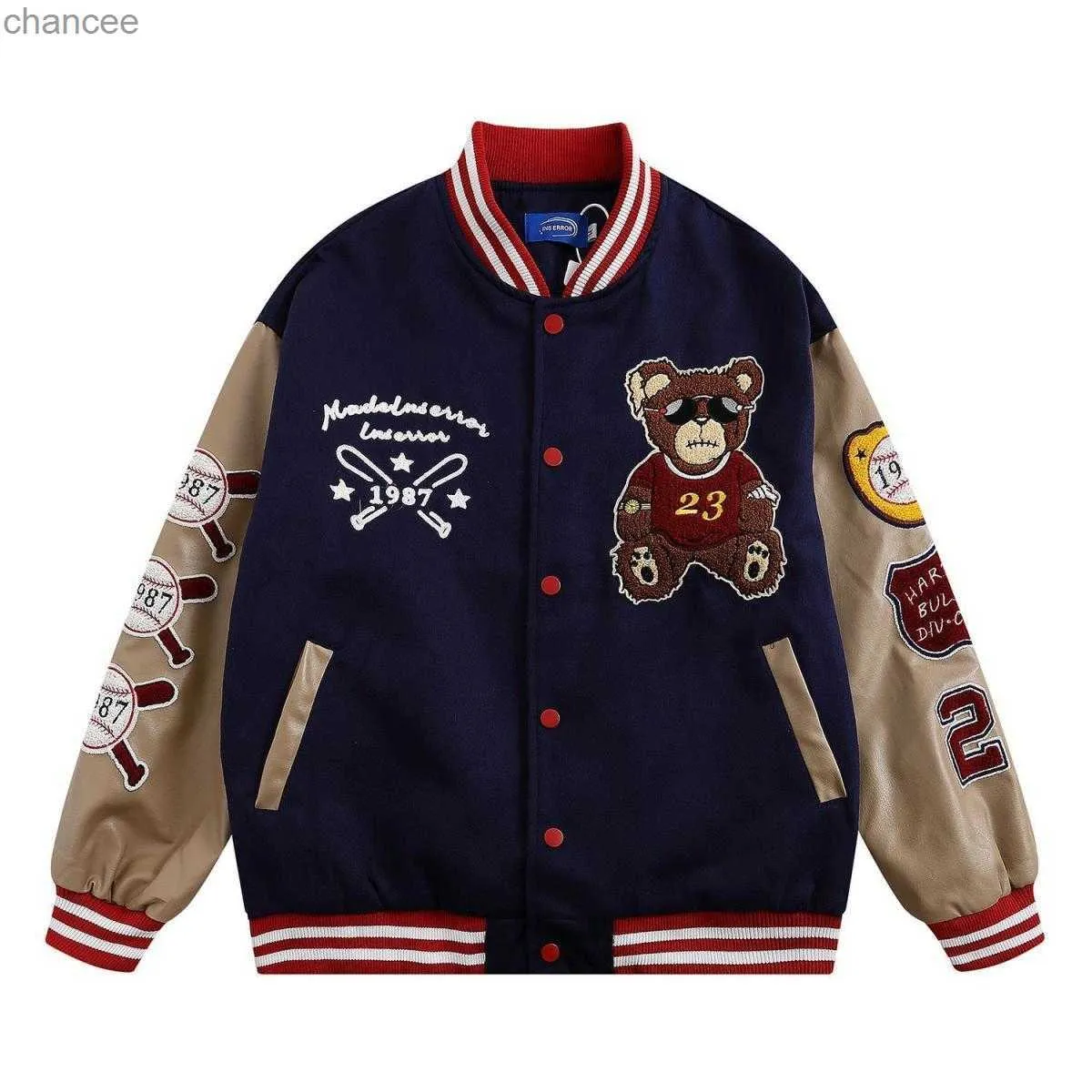 Teddy Bear Embroidered Vintage Baseball Jacket Men Oversize Spring Autumn  Teenage Varsity Jacket Women Bomber Coats Black Brown HKD230815