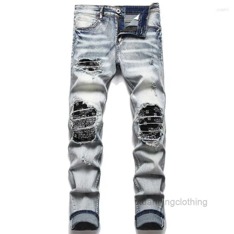 Herr jeans män biker streetwear paisley bandana tryck lapp stretch denim byxor lapptäcke hål rippade smala raka svarta byxor ays3