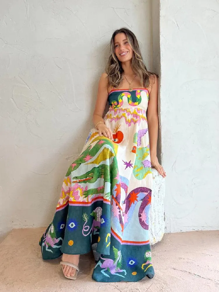 Casual Dresses Elegant Print Colorful Womens Dress High Waist Spaghetti Straps Backless Sexy A Line Ladies Summer Beach Vacation Robe From 16 39 DHgate