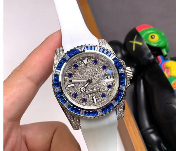 2 Stil Erkekler Beyaz Altın Yeşil Renkli Elmaslar Çerçeve 40mm Kauçuk Bilezik 116759 Siyah Kadran Otomatik Moda Erkek Saatleri Safir Cam Bilek Saati