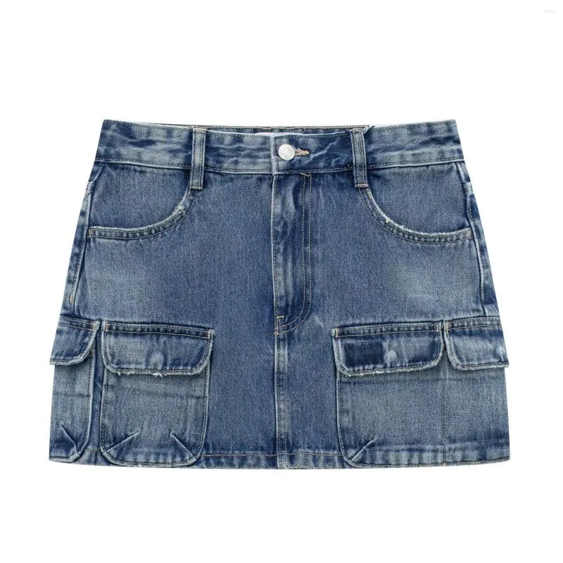 Saias Mulheres 2023 Moda Chic Summer Summer Vintage Sexy Blue Short Pocket Decorate Worker Instalar Jean Mini Skirt feminino