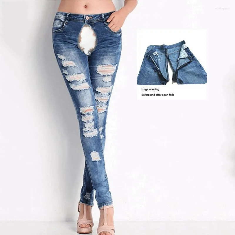 Women's Jeans Invisible Zipper Open Crotch Pants Boyfriend Outdoor Sex  Casual High Waist Straight Ripped Distressed Denim