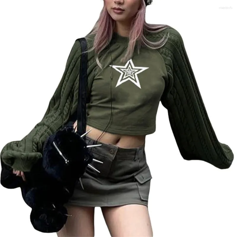 Kadın Hoodies 2023 Y2K Bahar Sonbahar Kazanma Yeşil Out Out Uzun Kollu Yıldız Baskı Kısa Sweatshirt 00s Giysileri