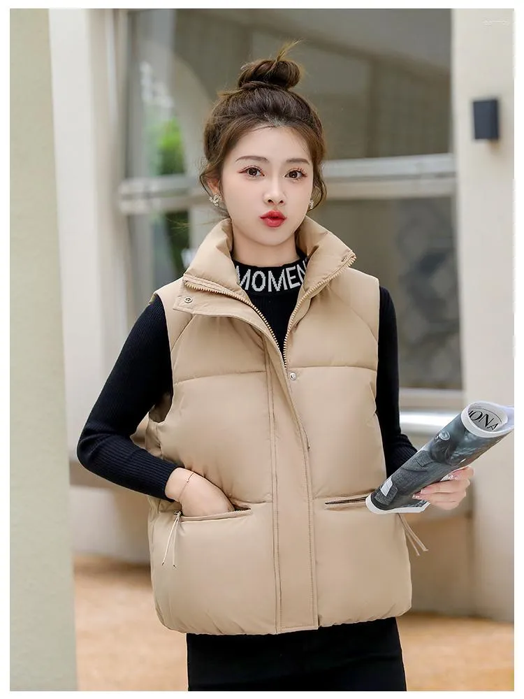 Kvinnors västar Black Down Cotton-Padded Jacket Vest Female 2023 Korean Fashion Loose Cotton Stand Collar Solid Color