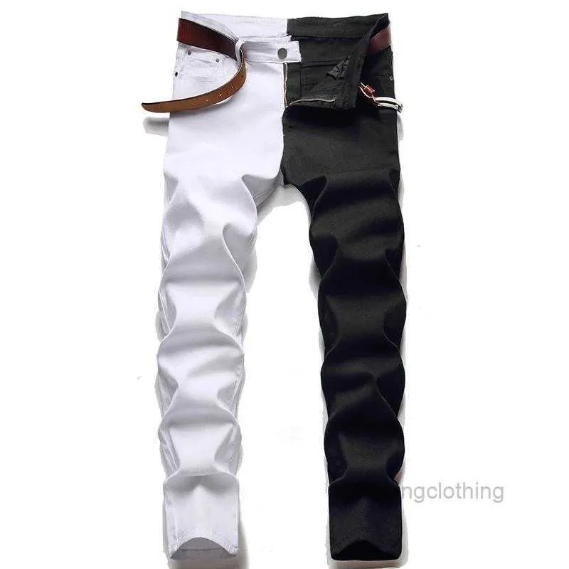 Men's Jeans Male American Styles Fashion Stitching Slim Two-color White Black Trend Stretch Trousers Denim Pants RJDD