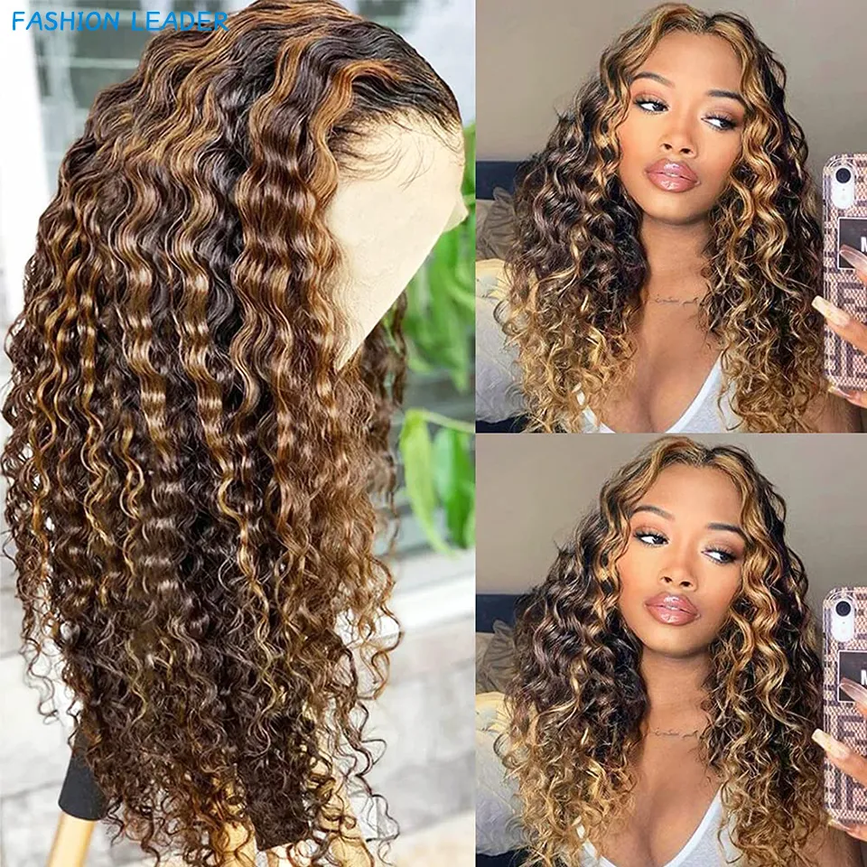 Highlight Wig Human Hair Deep Wave Frontal Wig 220%density T Part Ombre Transparent Lace Front Wig Curly Human Hair Wig 30 Inch