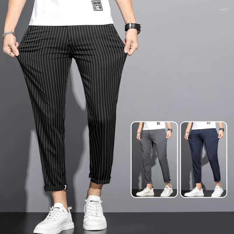 Herrbyxor 2023 Summer Thin Striped Korea Fashion Straight Slim Small Feet Business Casual Male Clothing Trousers