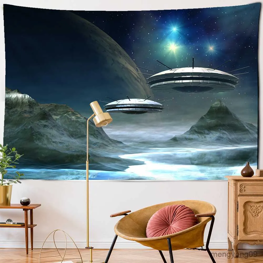 Tapisserier Spaceship Tapestry Wall Hanging Interstellar Sci-Fi Printing Hippie Dormitory Study Bakgrundsdekor R230815