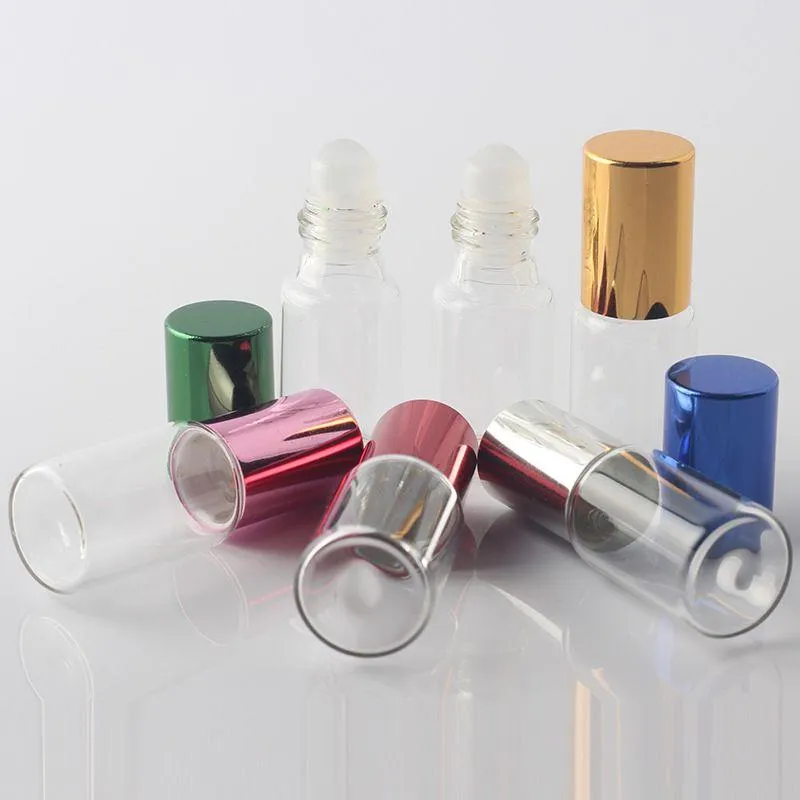 5 ml/5Gram Glasrol-on flessenbuis met aluminium dop 5cc glazen rollerbal monster heldere fles geur parfum 6 kleuren fbset