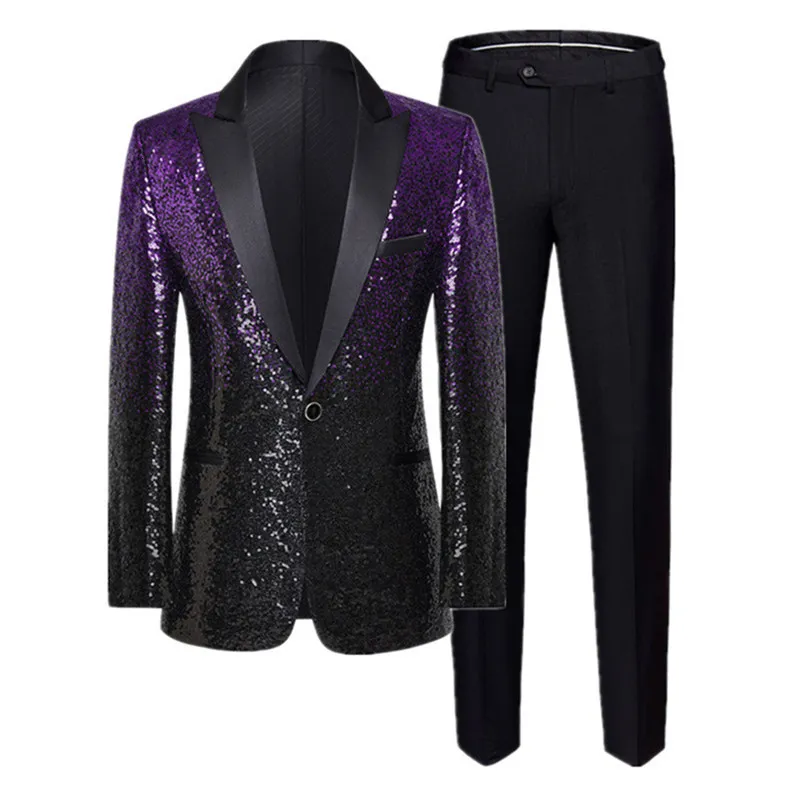 Abiti da uomo Blazer Moda Abito con paillettes 2 pezzi Uomo Bar KTV Abito da spettacolo teatrale Abbigliamento sfumato maschile 230815