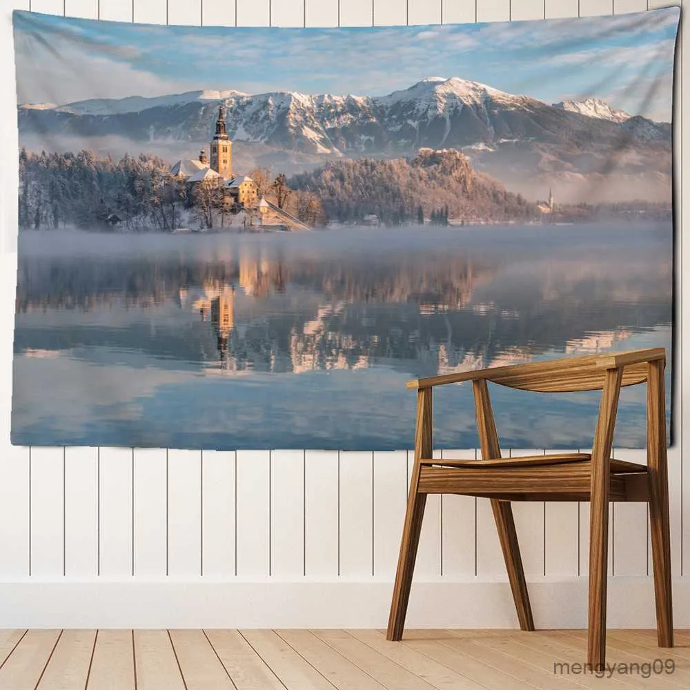 Tapestries Church Snow Snow Reflection Tapestry Wall Hangende wind Hippie Rivers Dormitory Modern Home Decor R230815