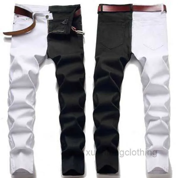 Herren Jeans Männliche amerikanische Stile Modesticken Slim Zweifarbige weiße schwarze Trend-Stretchhose Denimhose L8W4