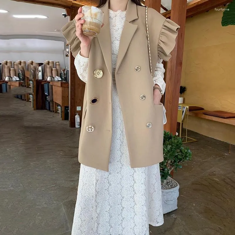 Women's Vests Korea Chic Elegant Suit Collar Wood Ear Vest Flying Sleeve Coat Women Waistcoat Hollow Out Hook Flower Female 2023 Autumn