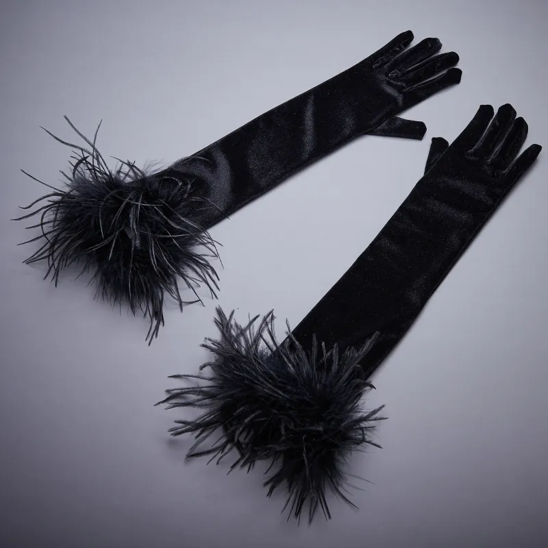 Cinco dedos Guantes de los guantes de las mujeres Patchwork de plumas de avestruz de mujeres Glove de terciopelo largo Femenino Vuelto Vintage Vintage Glove Pograver R551 230815
