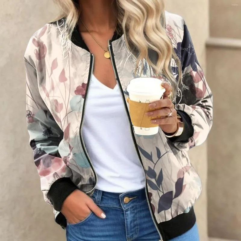 Jackets femininos Floral vintage Impresso para mulheres elegantes Zipper Bomber Bomber Office Autumn Office Use Slim Coat Retro Outwear