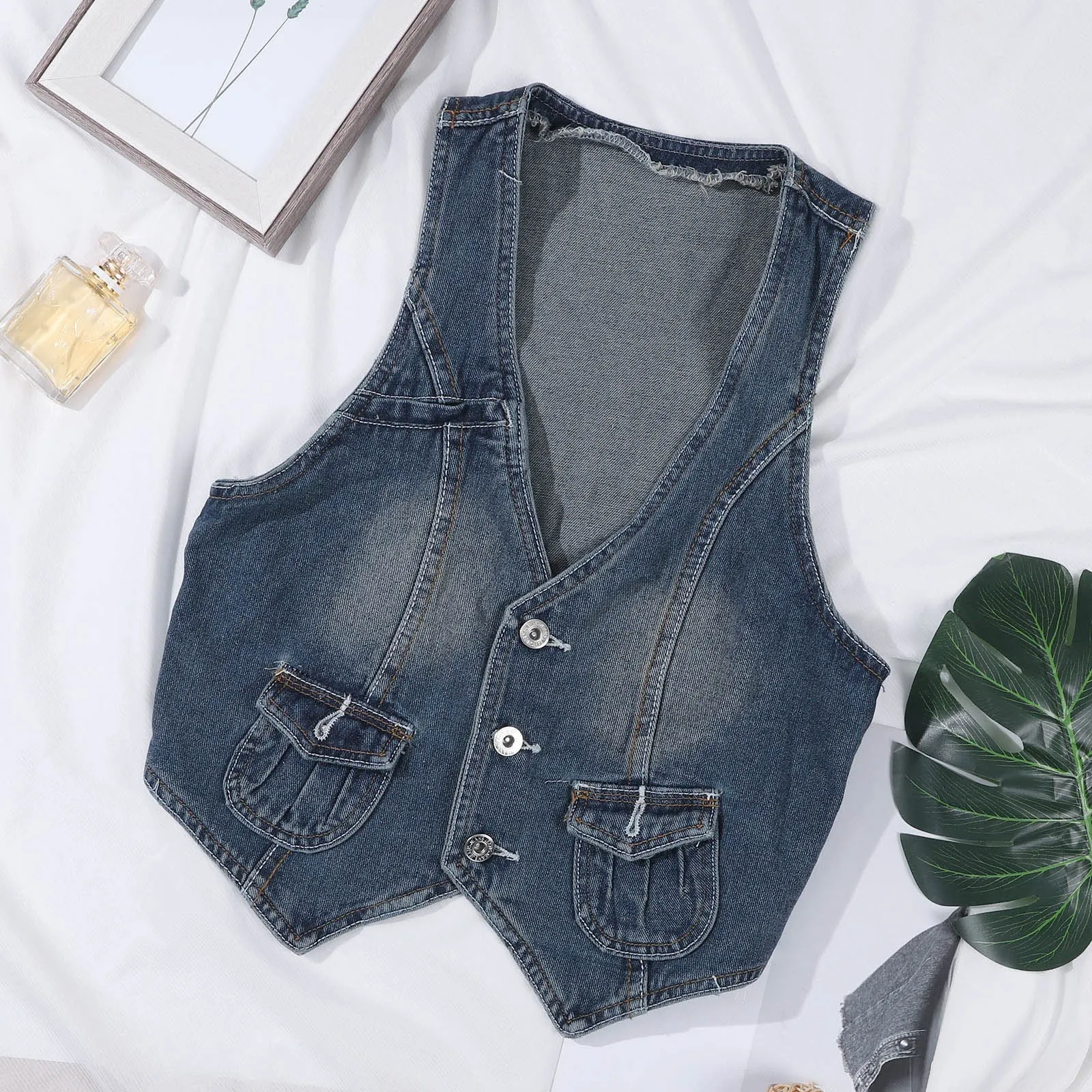 Denim-Weste Damen – V-Ausschnitt, Knöpfbare Jeansweste, Bauchfrei & Lässig Im Y2K-Style