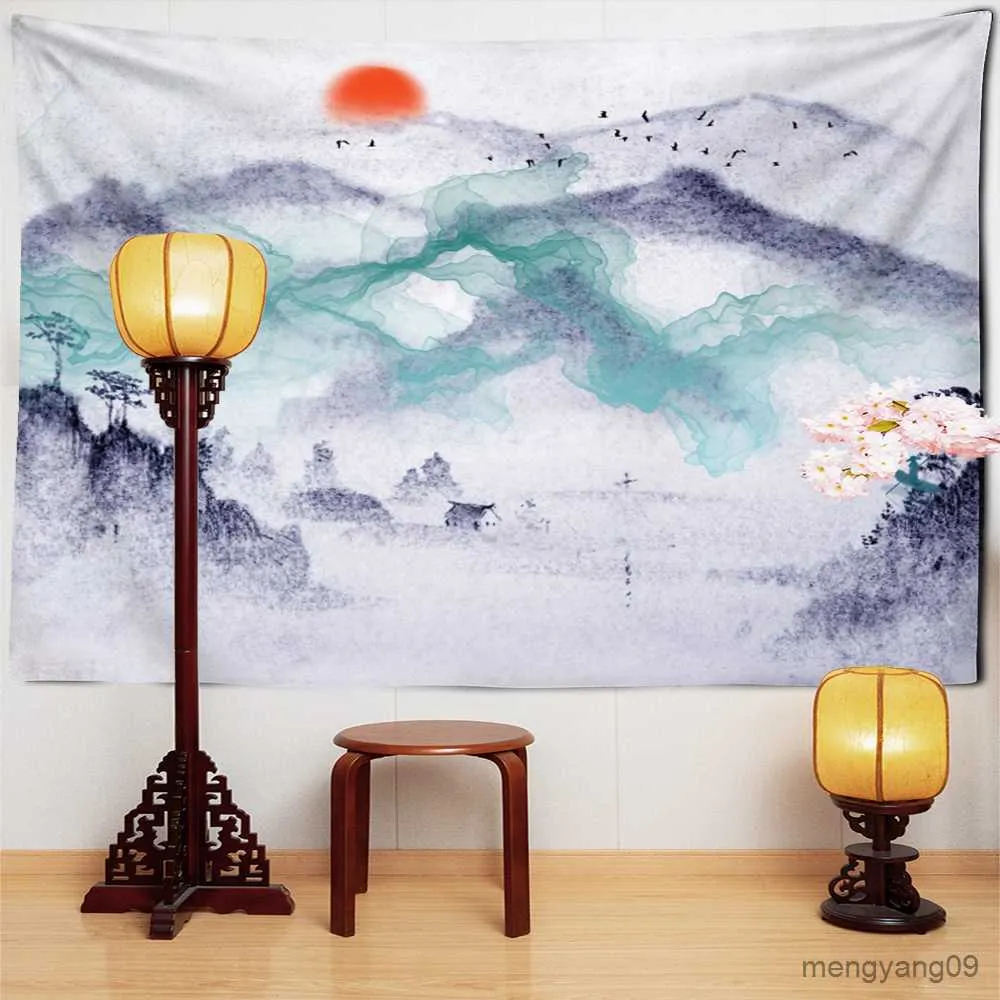 Tapisseries kinesiska sollandskapsmålning Tapestry China Ink Mountain Tree Trädgård Brushvägghängningar Röd Sun Tapestry Home Decor R230815